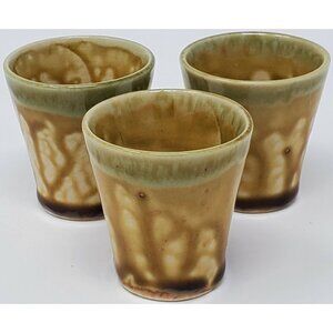 Drip Glaze Ceramic Shot Glasses Set of 3 Gold Yellow Japan 1.75" tall Vintage